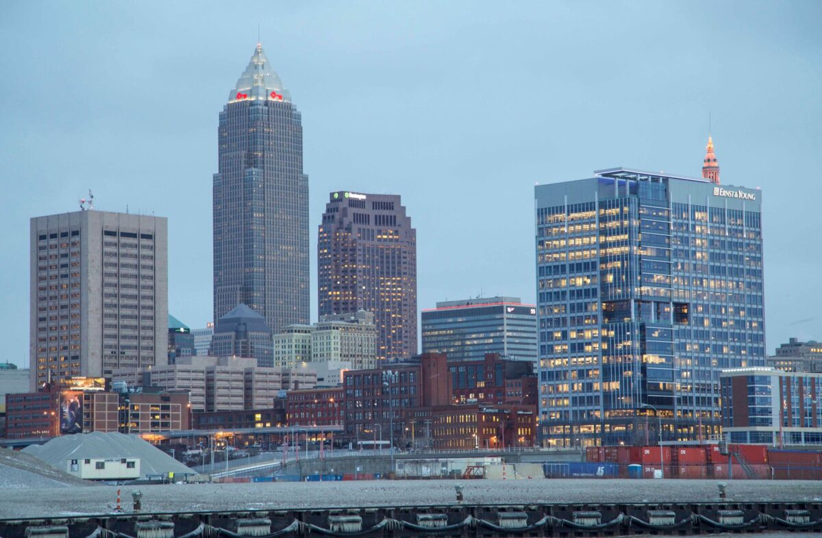 Captivating view of Cleveland's downtown skyline showcasing modern architecture and illuminated buildings.