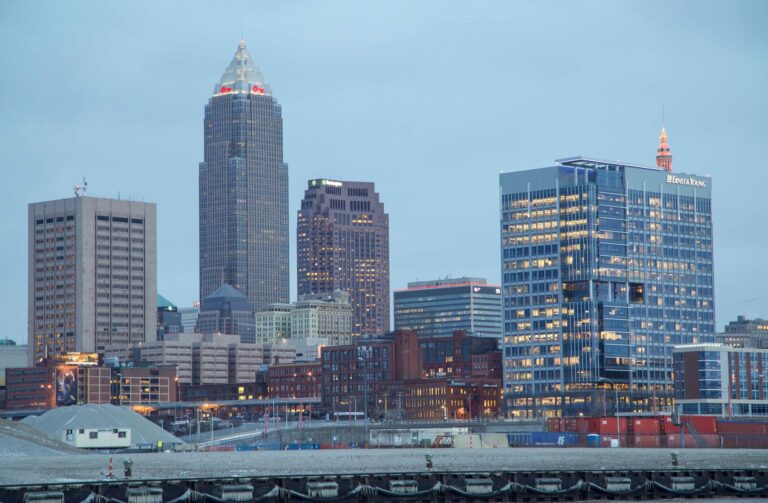 Captivating view of Cleveland's downtown skyline showcasing modern architecture and illuminated buildings.